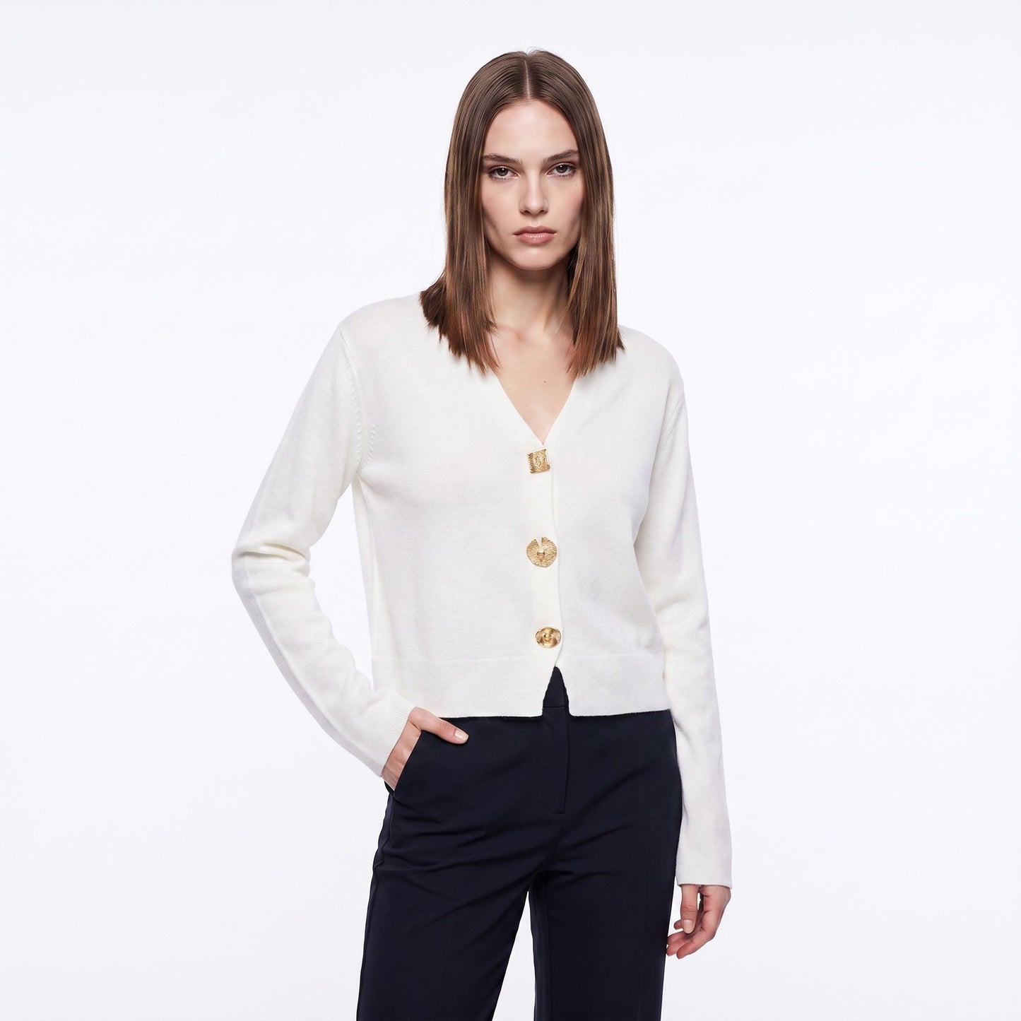 V Neck Decorative Gold Button Knit Cardigan Sweater