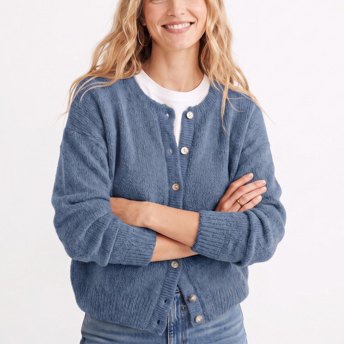 Soft Textured Button-Front Crew Neck Cardigan