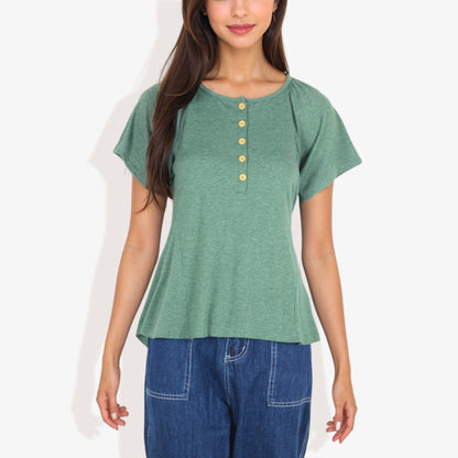 Button Down Round Neck Raglan Top with Flared Sleeves