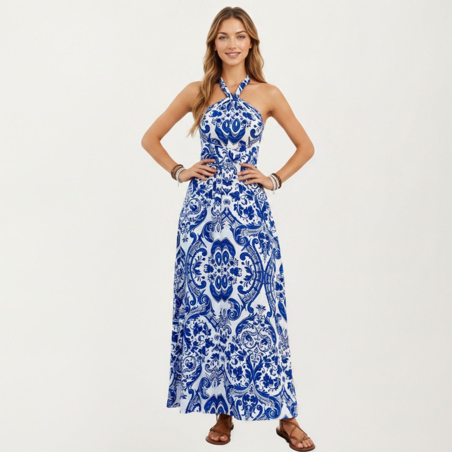 Mediterranean Tile Print Halter Maxi Dress with Criss-Cross Back