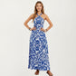Mediterranean Tile Print Halter Maxi Dress with Criss-Cross Back
