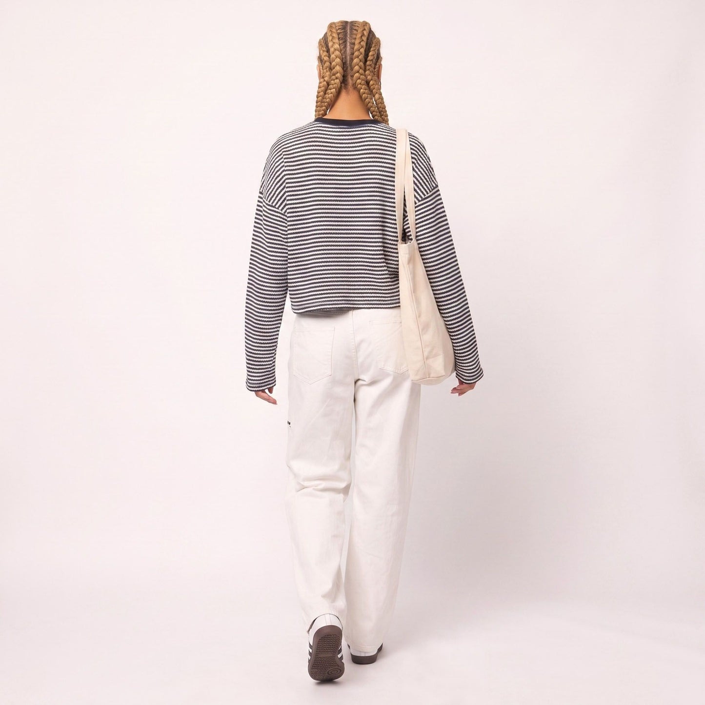 Striped Textured Knit Drop Shoulder Cropped Sweater