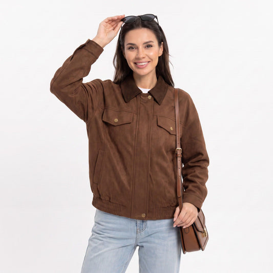 Utility Jacket Zip Front Contrast Collar Chest Pockets Relaxed Fit