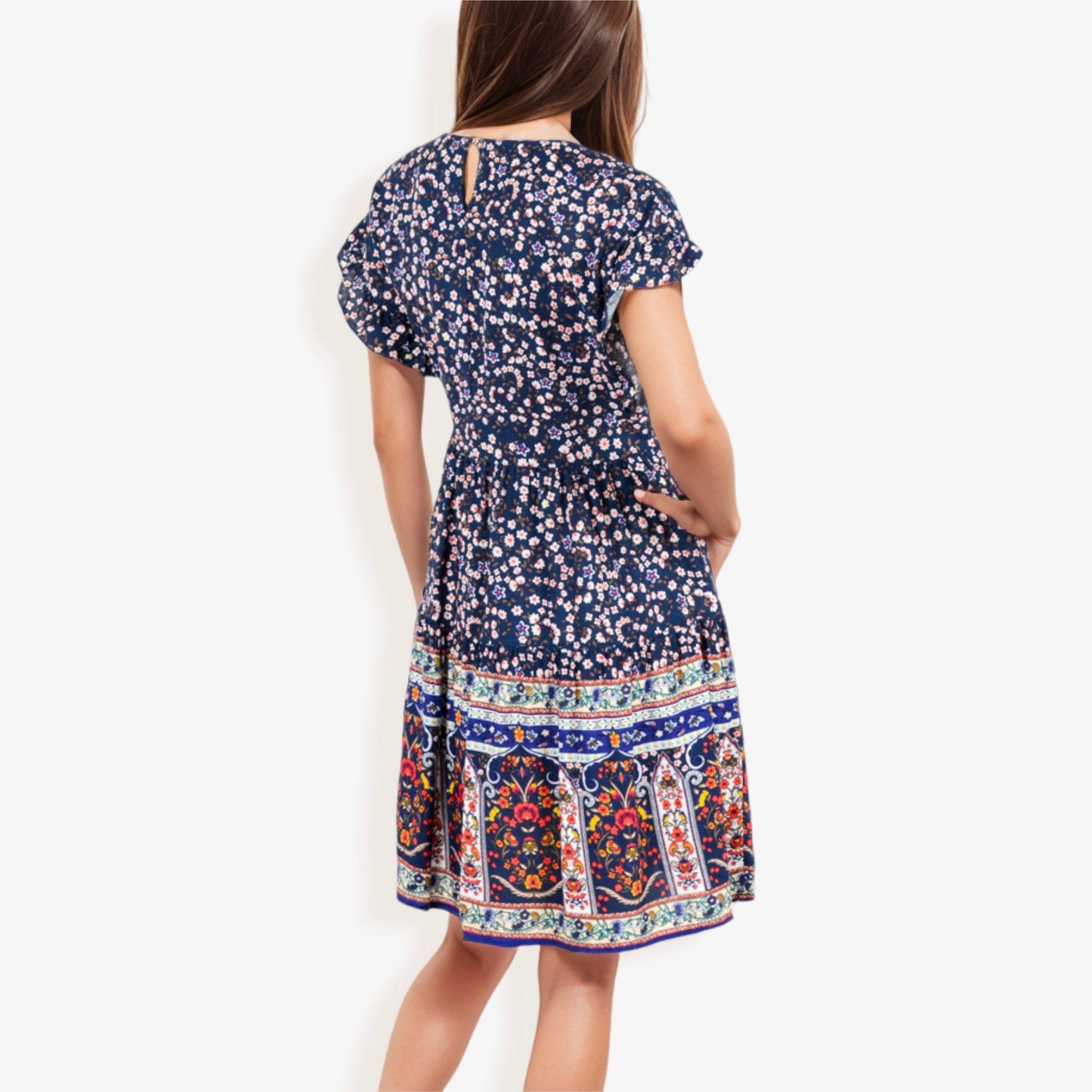 Bohemian Floral Print Short Sleeve Swing Dress Crew Neckline