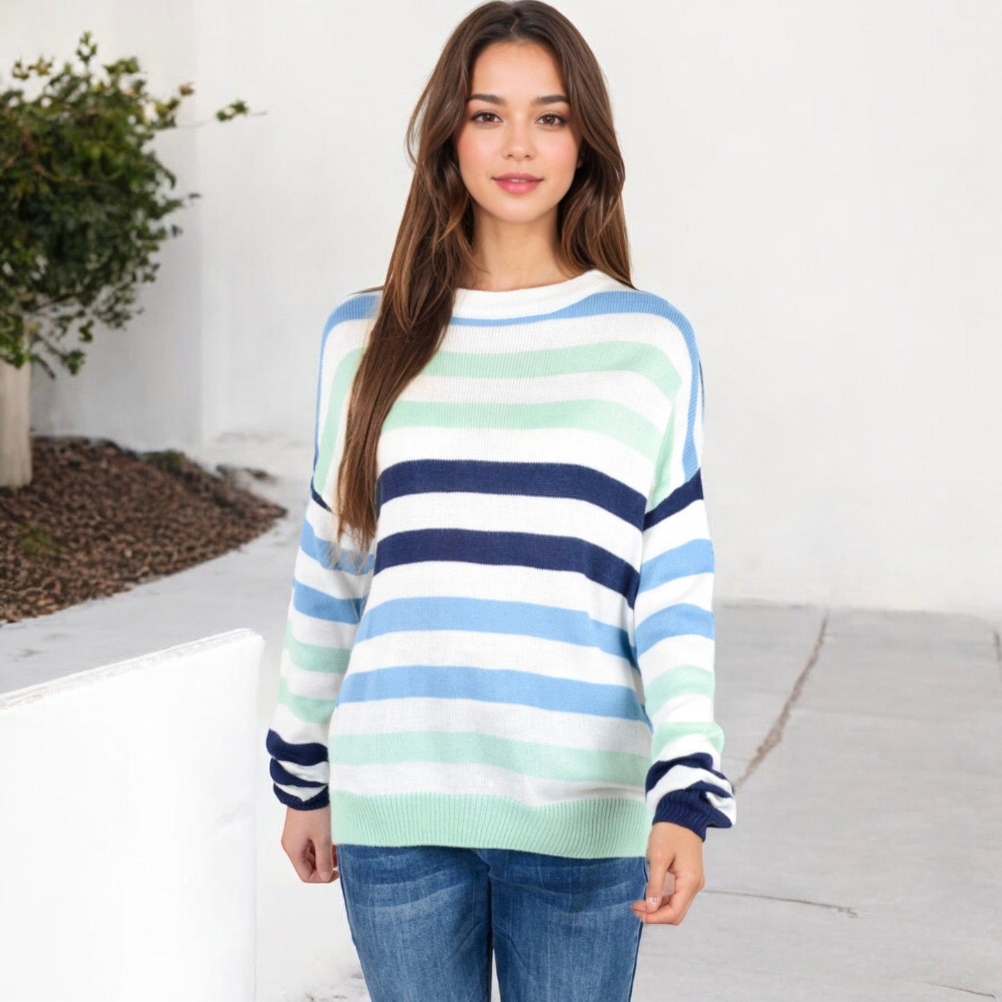 Striped Knit Sweater with Long Sleeves and Relaxed Fit