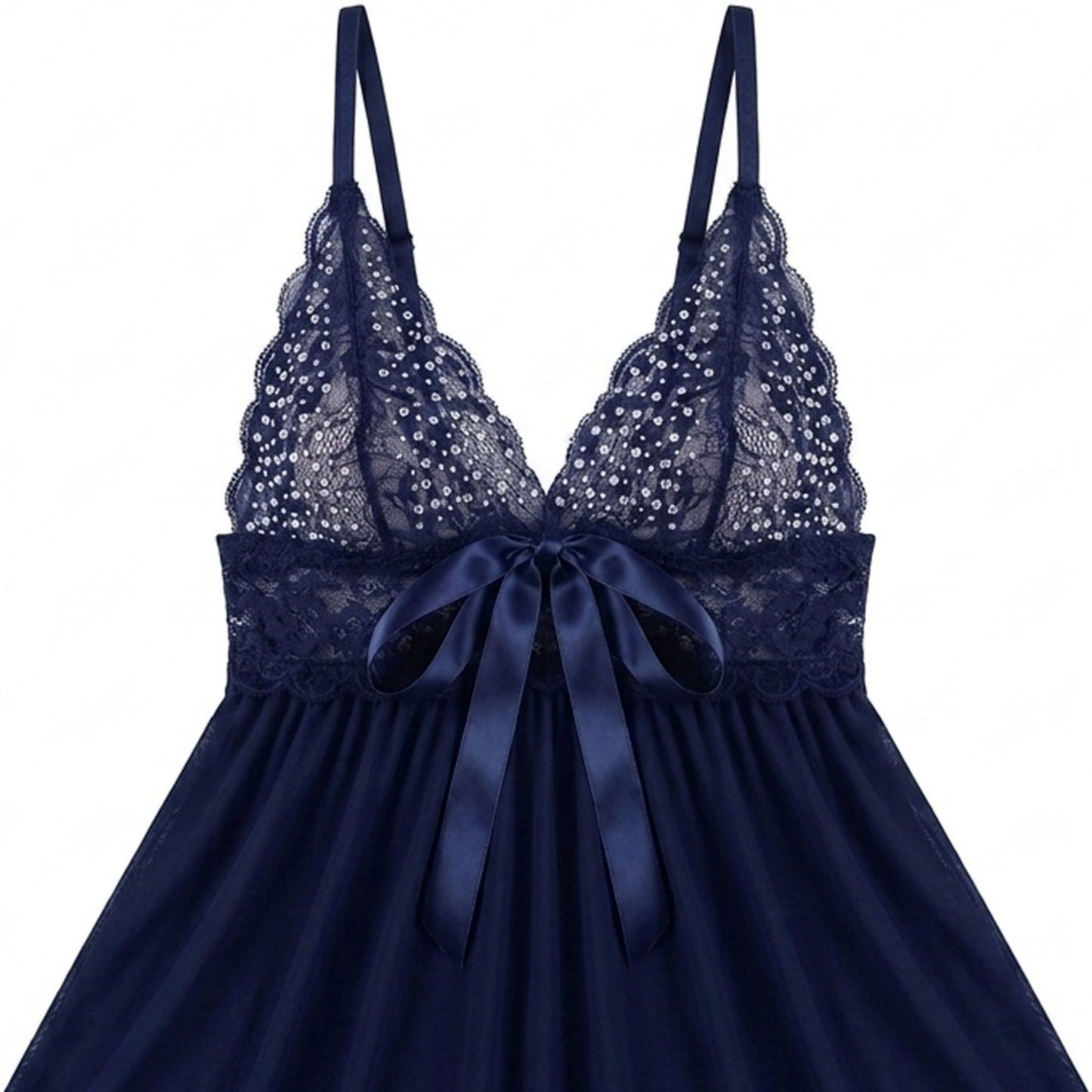 Lace Babydoll Chemise with V Neck Ribbon Bow and Flowy Skirt