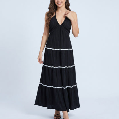 Halter Neck Tiered Maxi Dress with Contrast Trim
