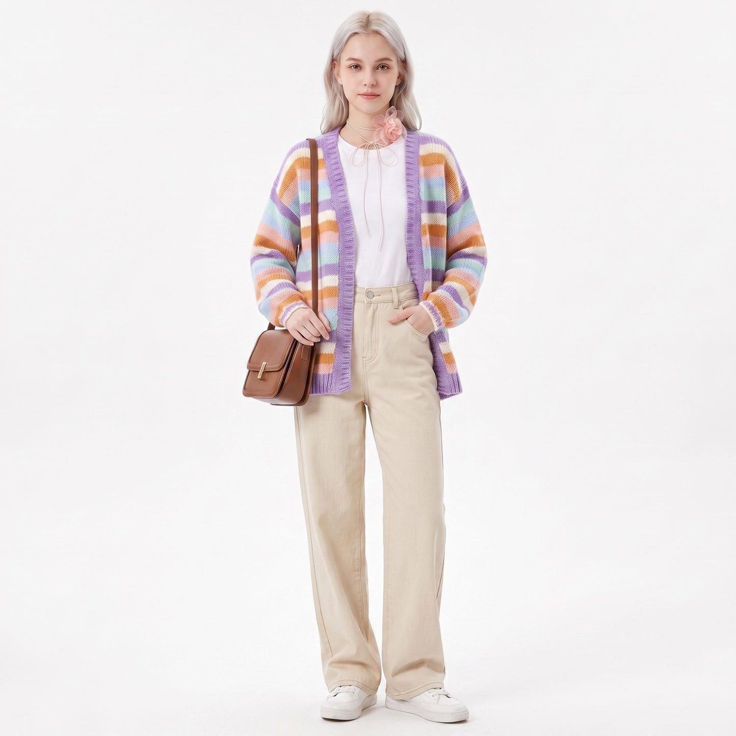 Multicolor Striped Open Front Knit Cardigan Sweater