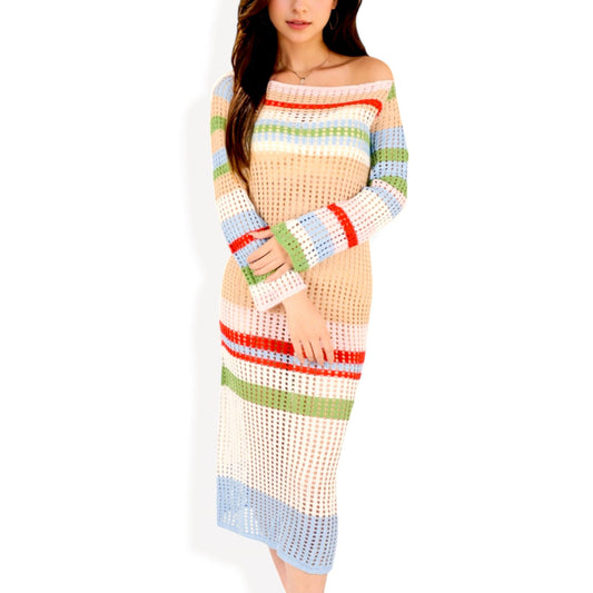 Multicolor Striped Off-Shoulder Knit Dress