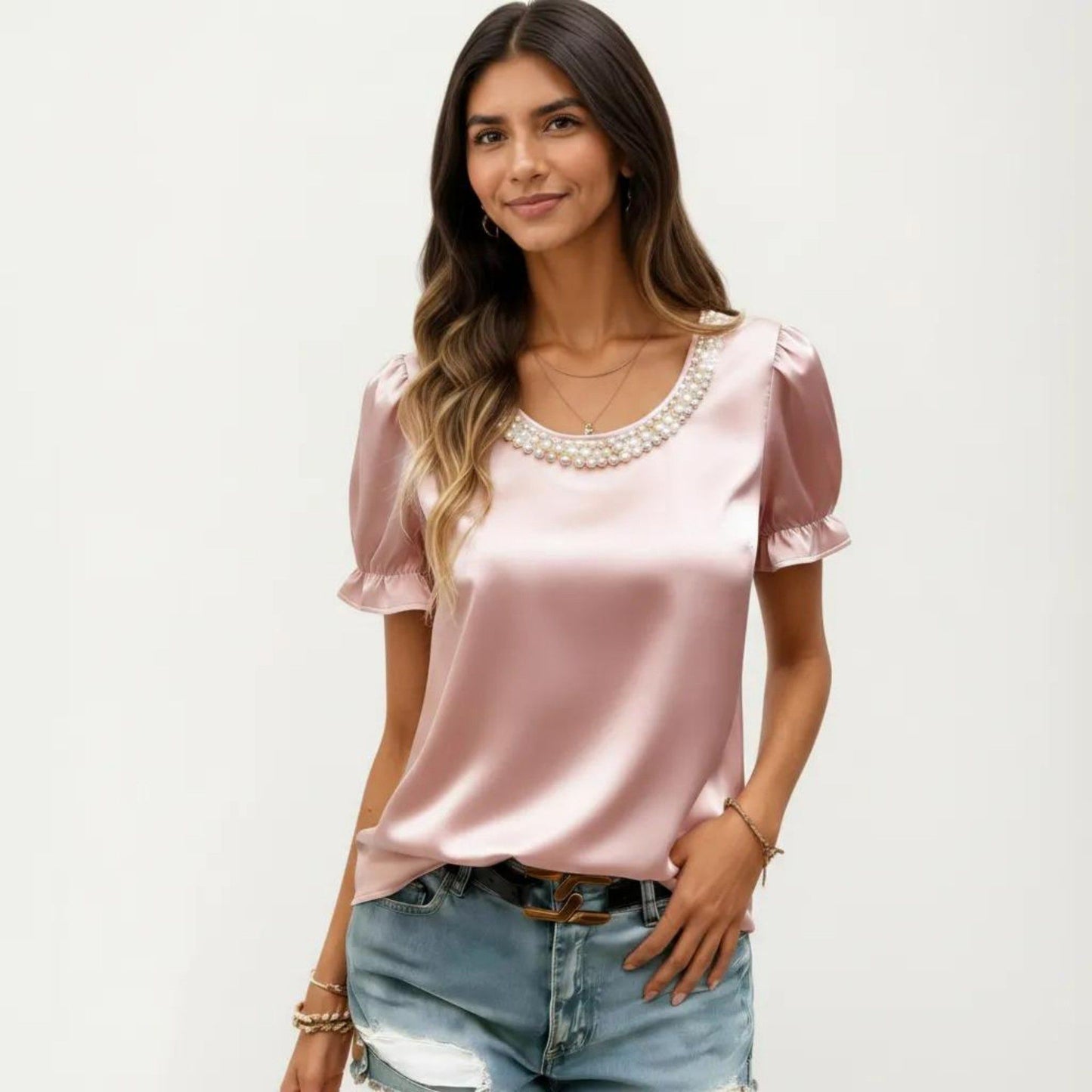 Satin Faux Pearl Neck Top with Puff Sleeves and Smooth Draped Finish