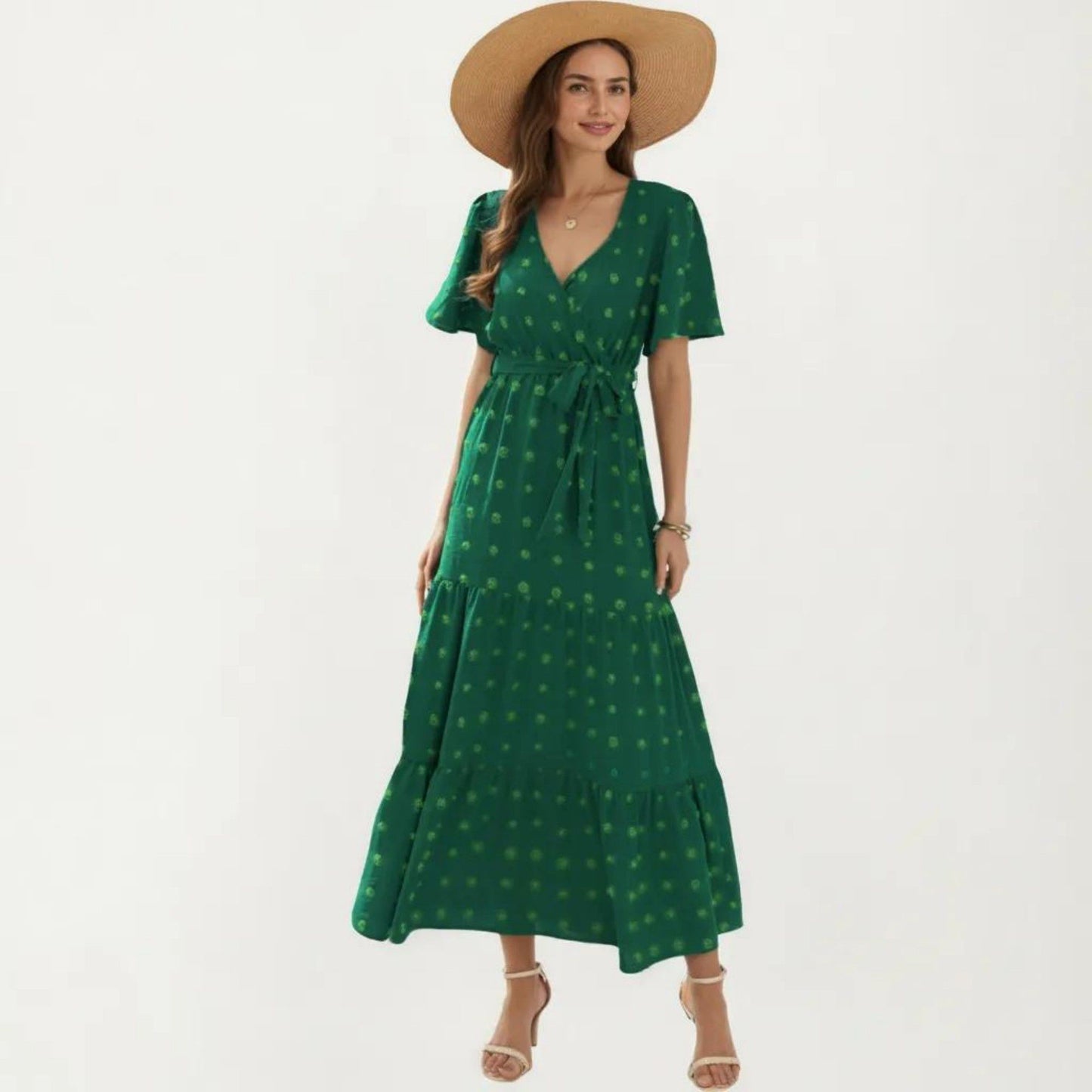 Short Sleeve Maxi Dress with Wrap Front Waist Tie and Tiered Skirt