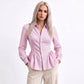 Striped Long Sleeve Button Down Peplum Shirt with Collared Neckline