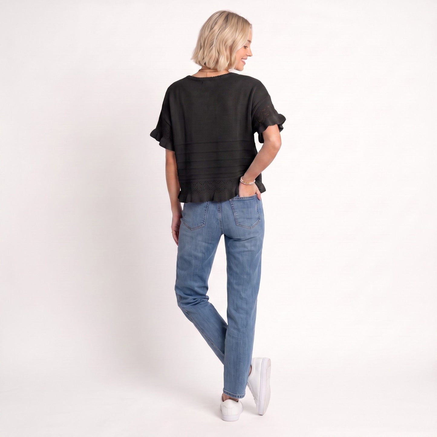 Short Sleeve Sweater Top Lace Ruffle Hem Textured Knit Blouse