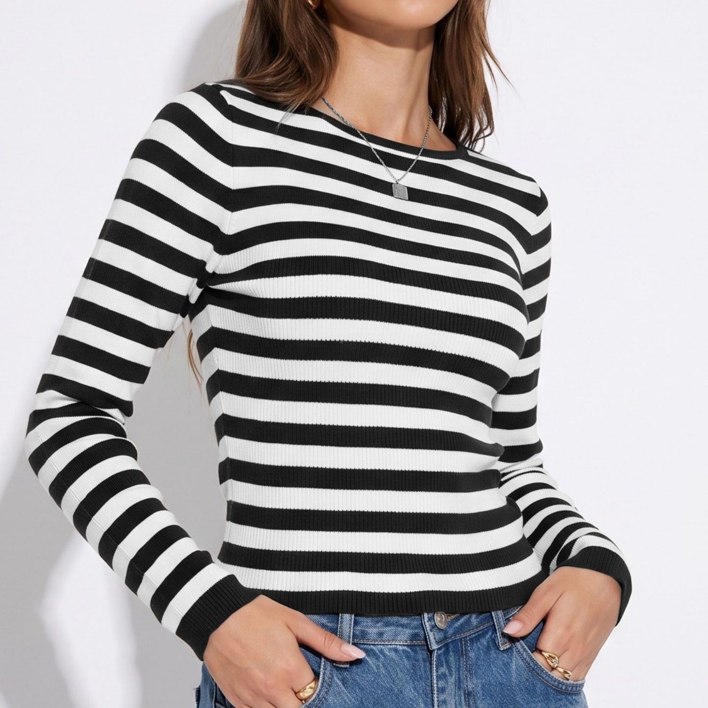 Striped Rib Knit Crewneck Long Sleeve Pullover Sweater