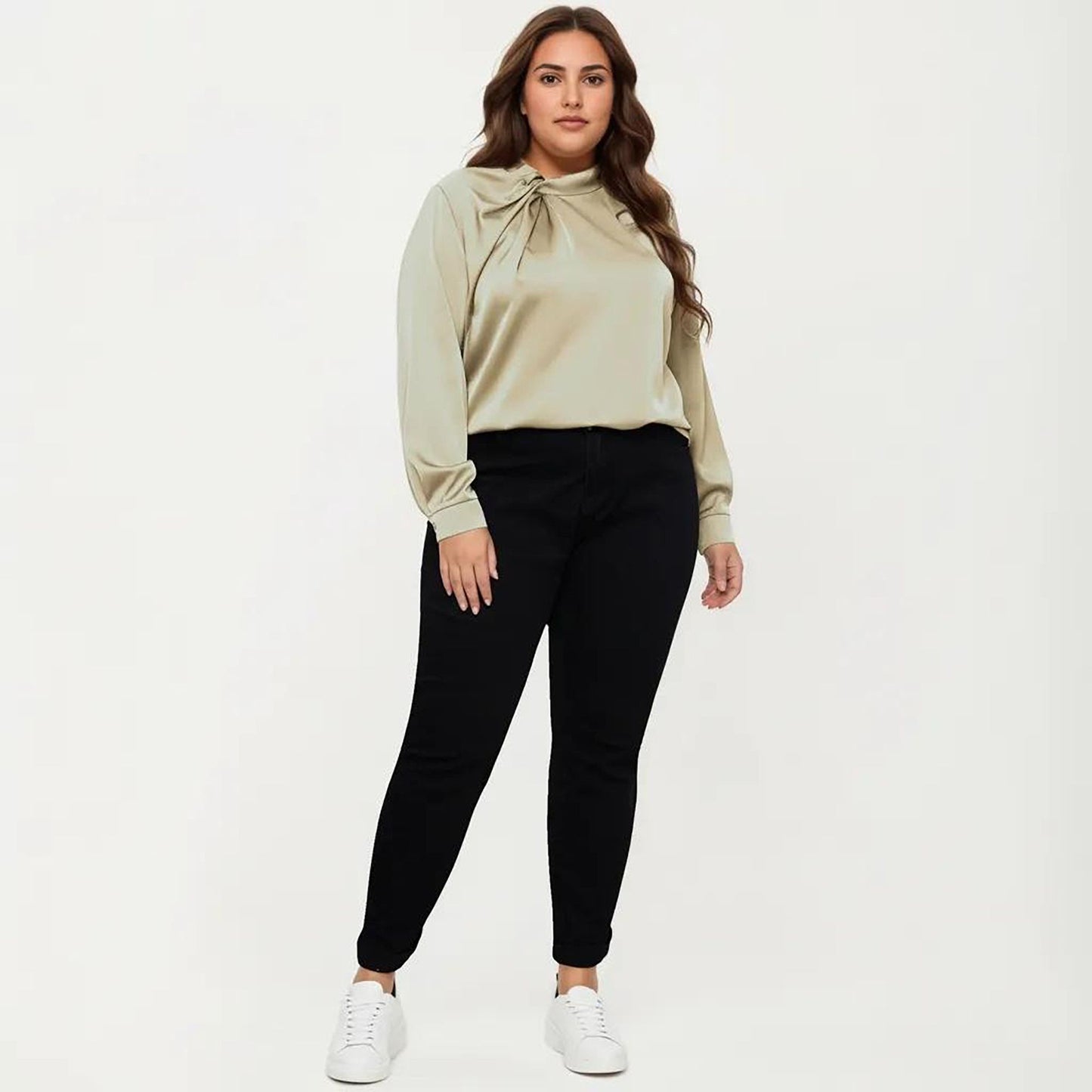 Plus Size Long Sleeve Blouse with Tie Neck Detail Relaxed Fit Silky Smooth Fabric