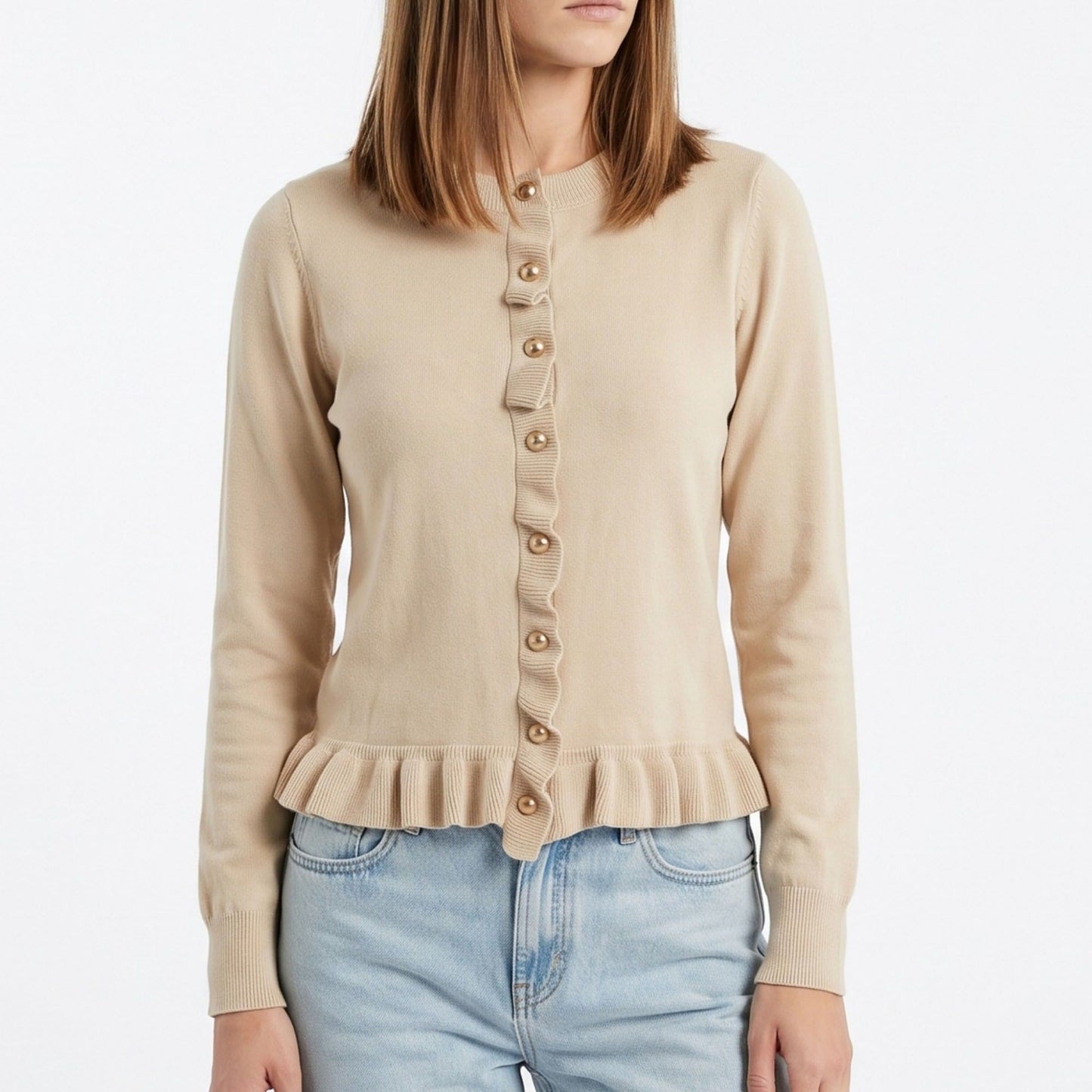 Ruffle Trim Button Front Peplum Cardigan Sweater