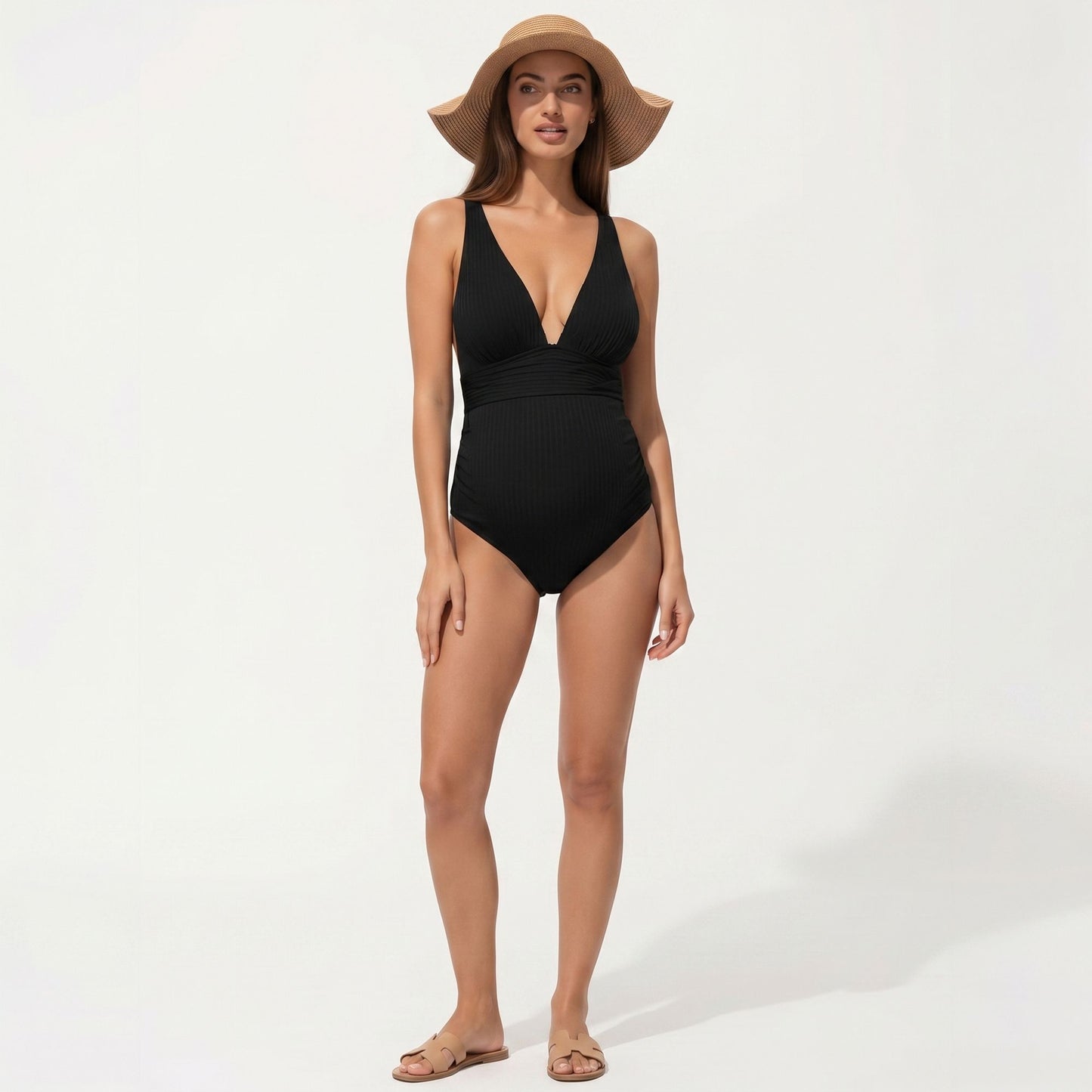 Maternity Ribbed One-Piece Swimsuit with Plunging Neckline and Ruched Waist