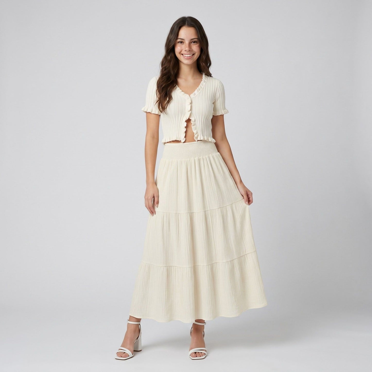 High Waist Smocked Tiered Maxi Skirt Boho Flowy Textured Long Skirt