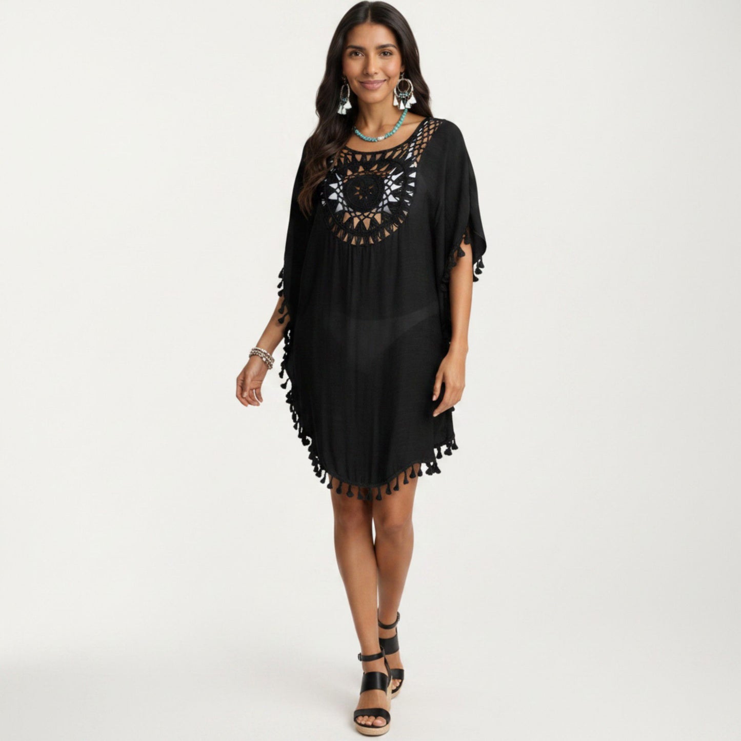 Crochet Medallion Swim Cover Up Dress with Tassel Trim and Relaxed Boho Silhouette