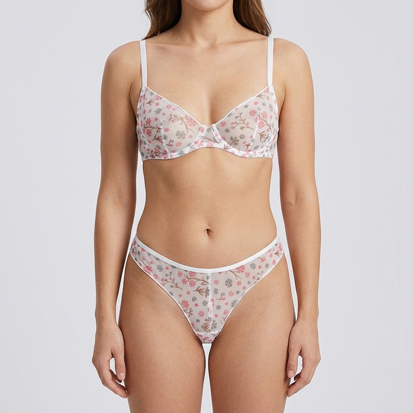 Polka Dot Sheer Mesh Underwire Bra and Panty Two Piece Lingerie Set