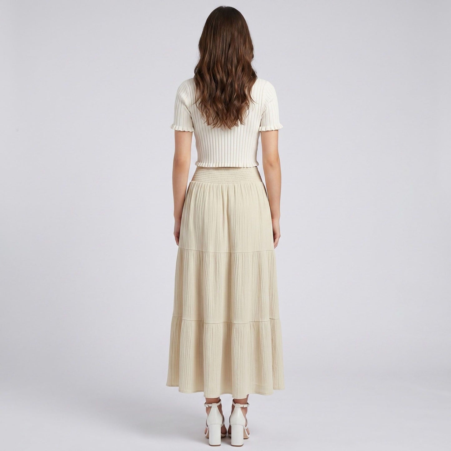 High Waist Smocked Tiered Maxi Skirt Boho Flowy Textured Long Skirt