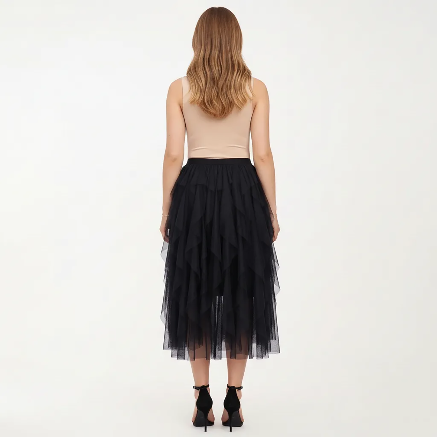 Layered Tulle Midi Skirt with Cascading Ruffle Panels and Flowing Sheer Texture Creating a Voluminous Silhouette