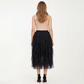 Layered Tulle Midi Skirt with Cascading Ruffle Panels and Flowing Sheer Texture Creating a Voluminous Silhouette