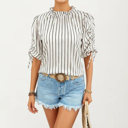 Striped Short Sleeve Blouse with Ruffle Trim High Neck and Ruched Tie Sleeves