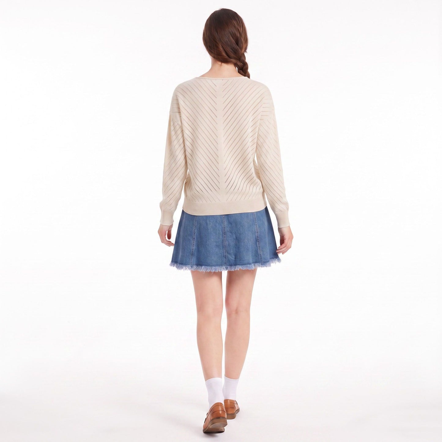 V-Neck Chevron Pointelle Knit Long Sleeve Sweater