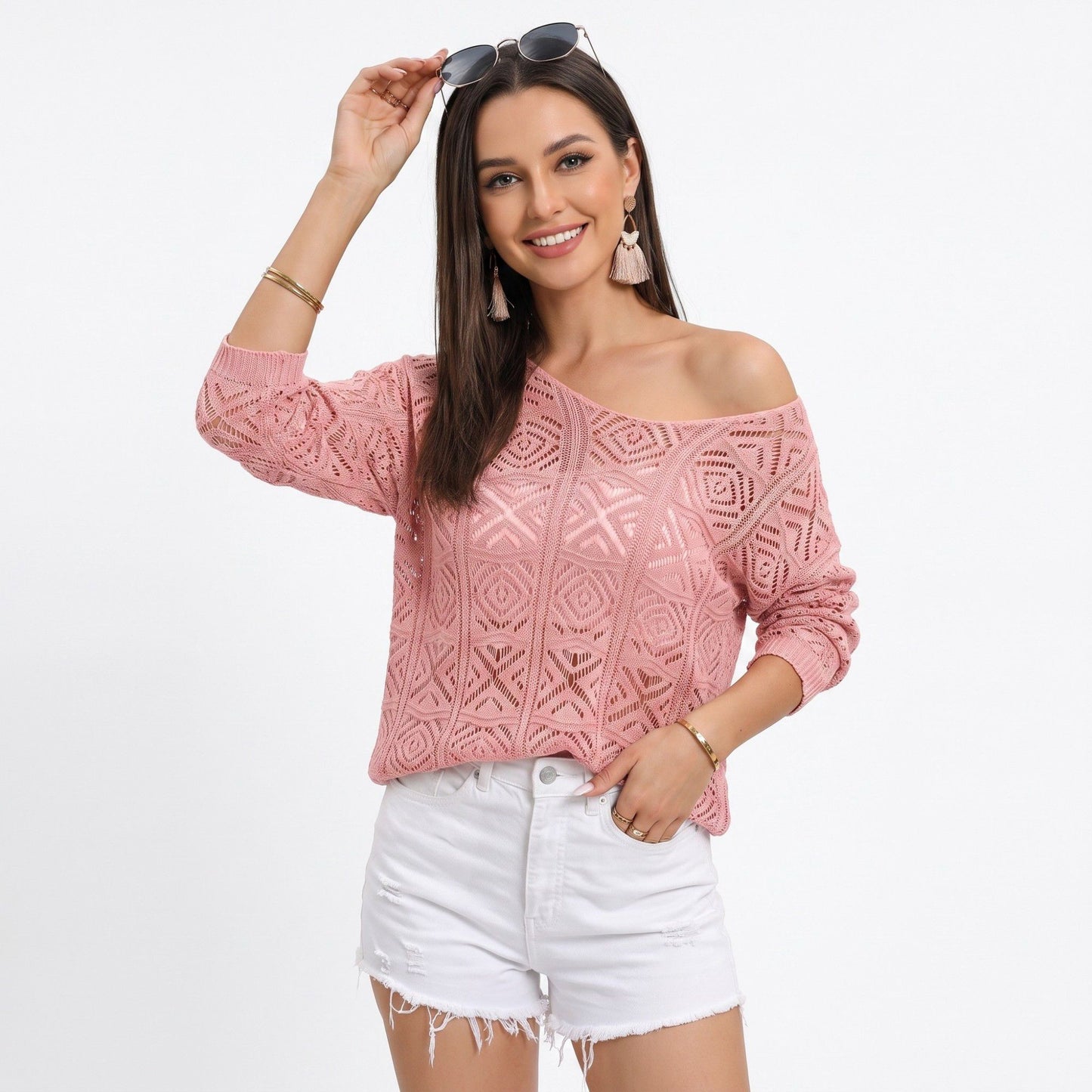 Open Stitch Knit Sweater One Shoulder Geometric Long Sleeve Top