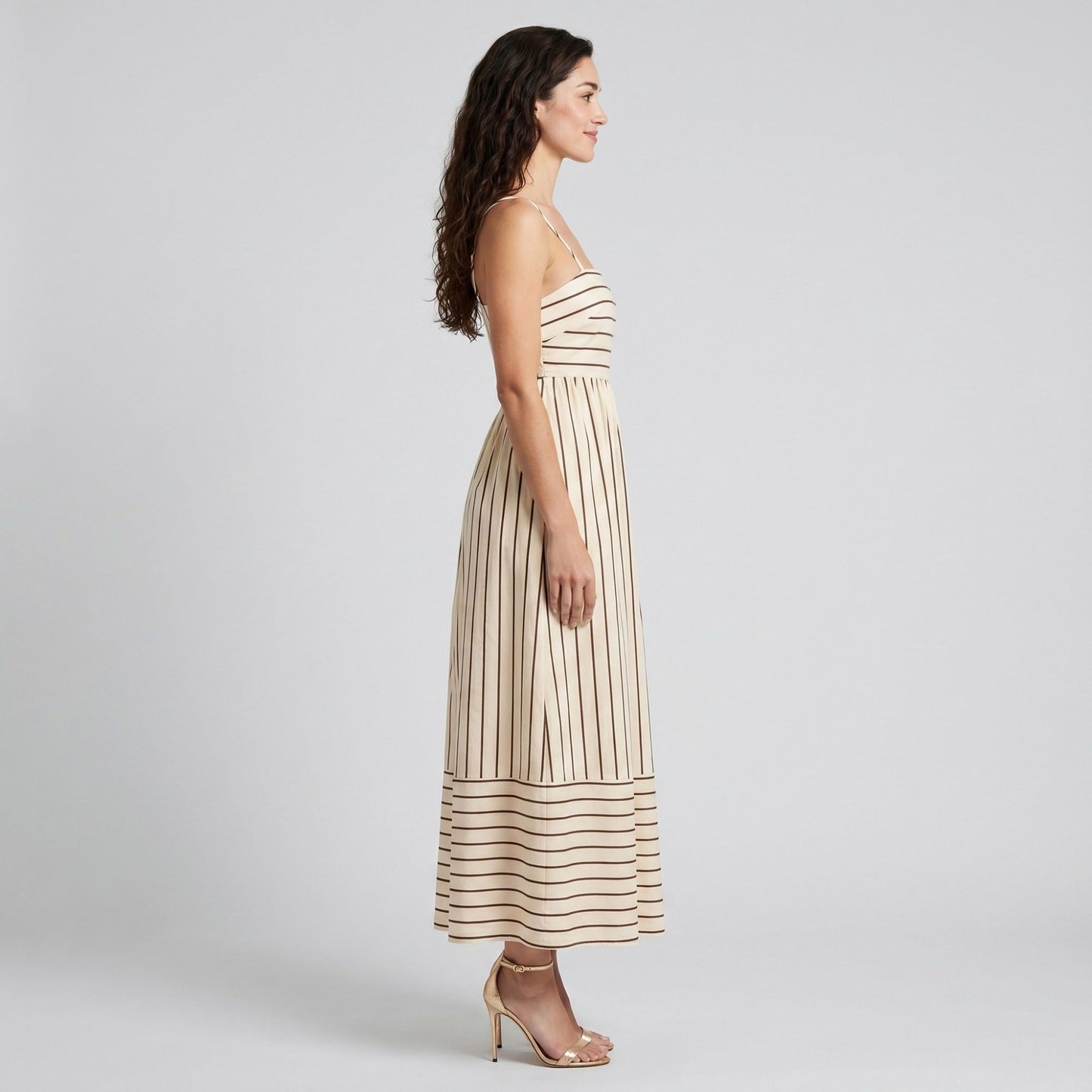 Striped Square Neck Sleeveless Maxi Dress with Fitted Bodice Adjustable Straps and Flowy Tiered A-Line Skirt