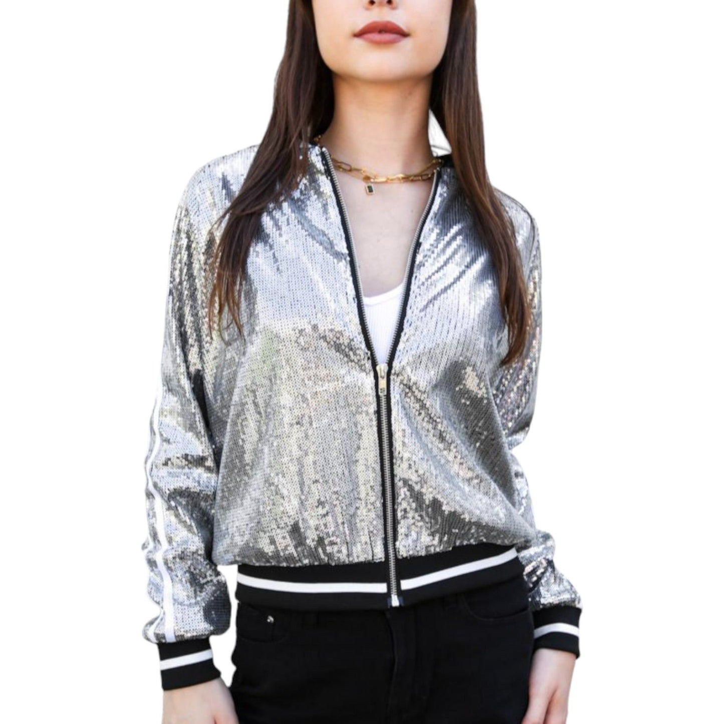 Striped Long Sleeve Sequin Varsity Jacket