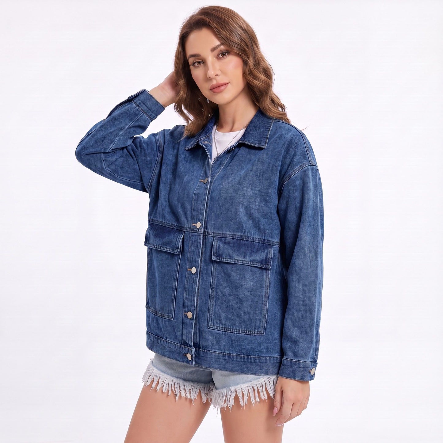 Oversized Denim Jacket Button Front Long Sleeve Jean Jacket With Patch Pockets