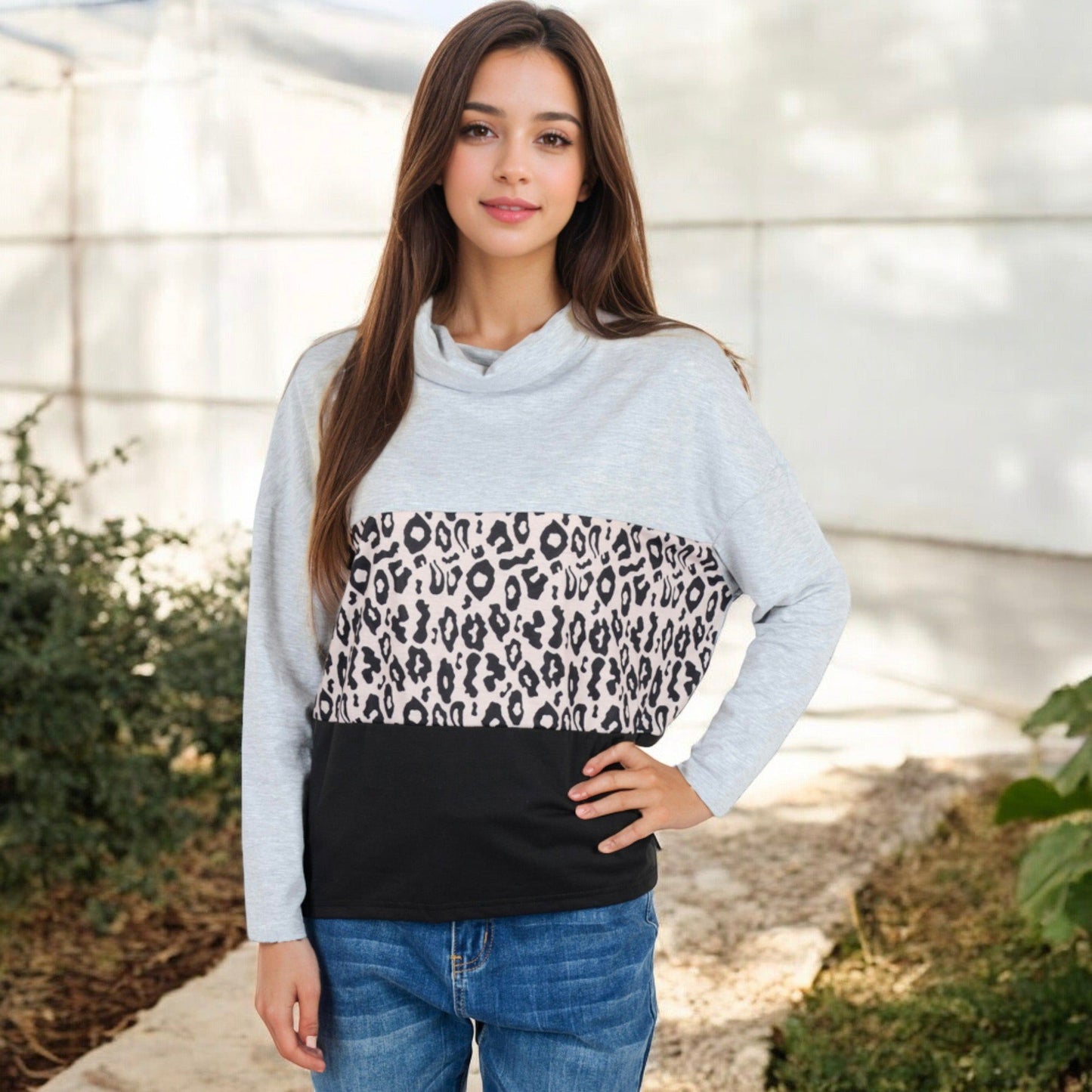 Long Sleeve Leopard Print Color Block Cowl Neck Top