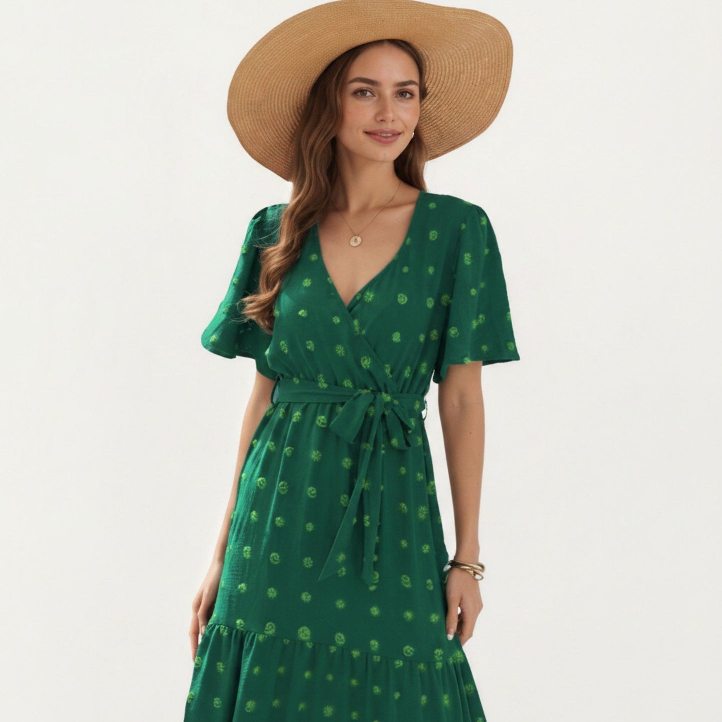 Short Sleeve Maxi Dress with Wrap Front Waist Tie and Tiered Skirt