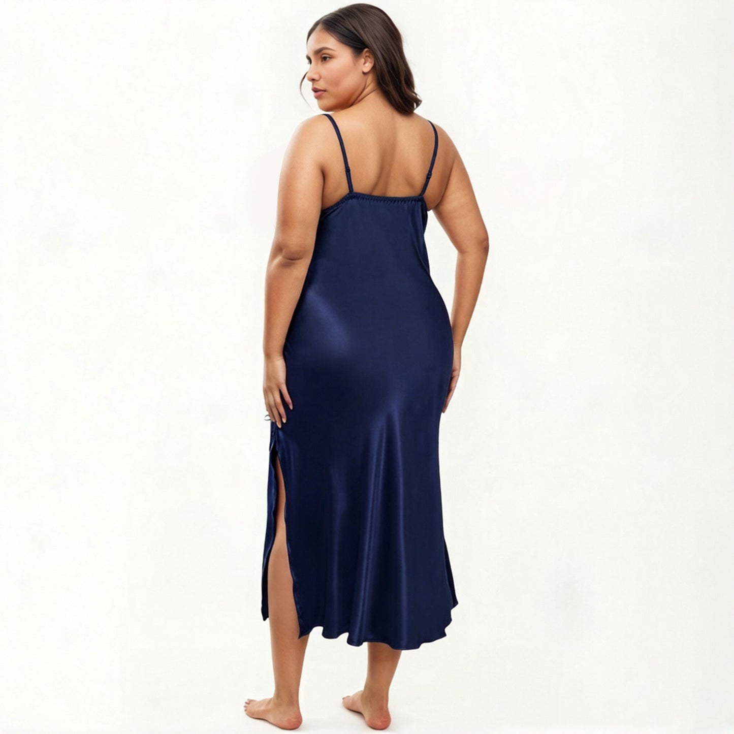 Plus Size Satin Chemise Nightgown with Lace Trim Neckline Adjustable Straps Side Slit Slip Dress