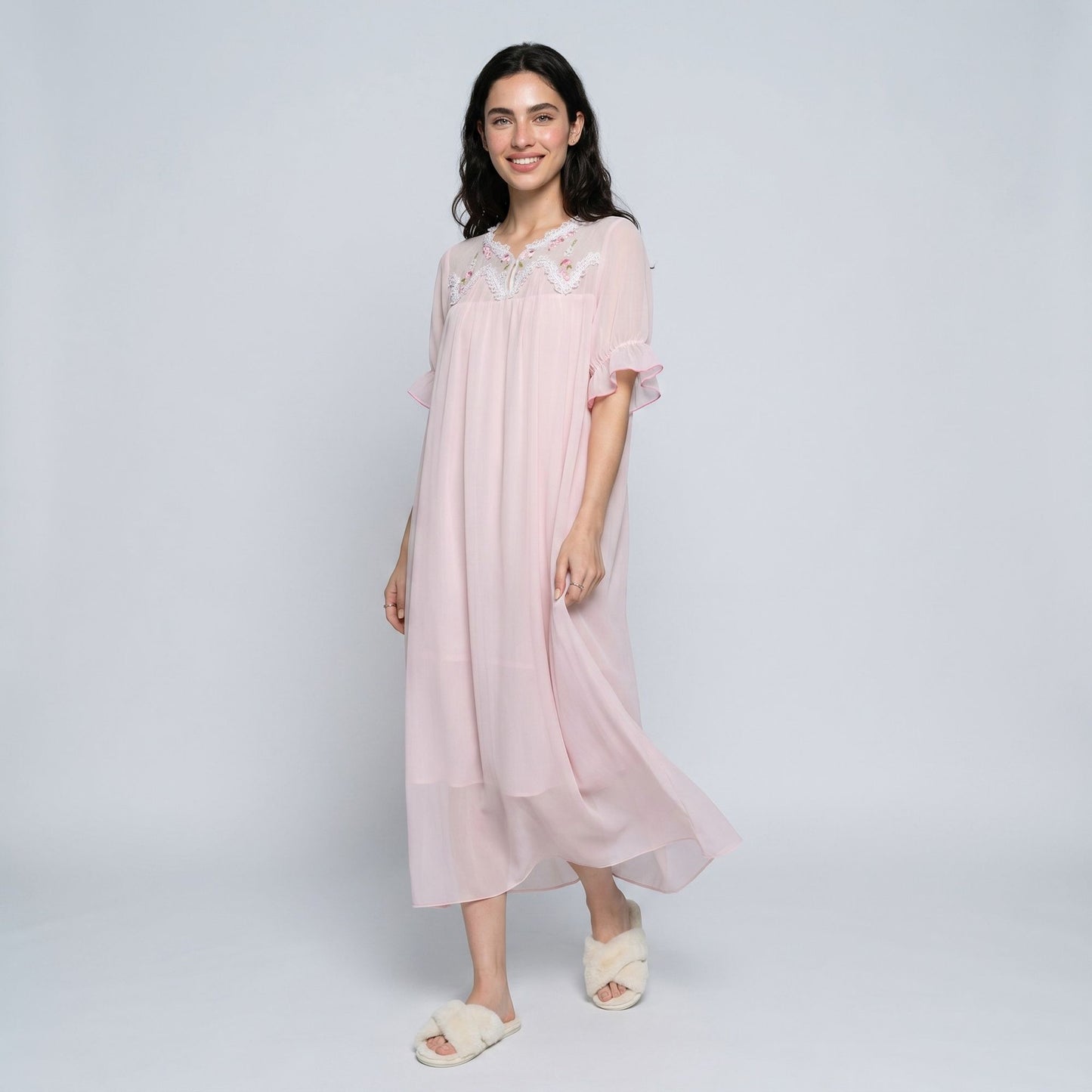 Short Sleeve Nightgown with Embroidered Collar and Ruffle Cuffs