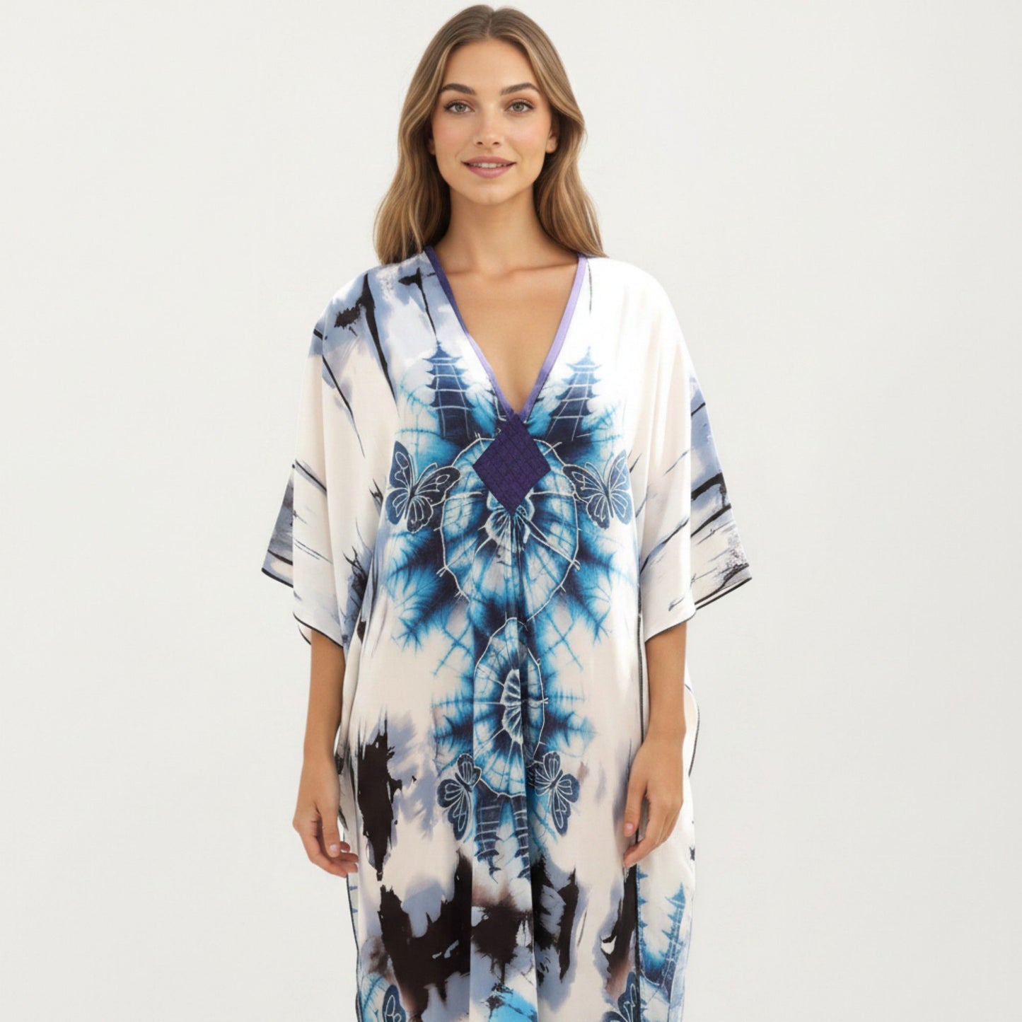 Tie Dye Medallion Kaftan Maxi Dress with V-Neckline and Relaxed Flowy Silhouette