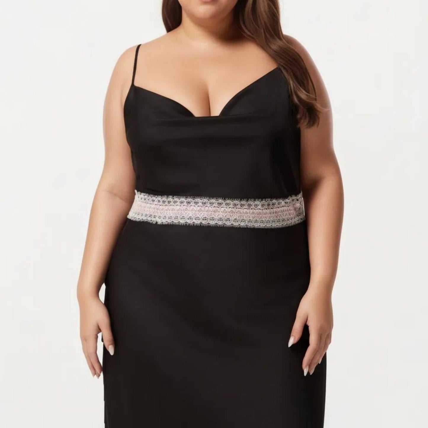 Plus Size Satin Slip Dress with Lace Waist Detail Adjustable Spaghetti Straps Midi Sleepwear Nightgown