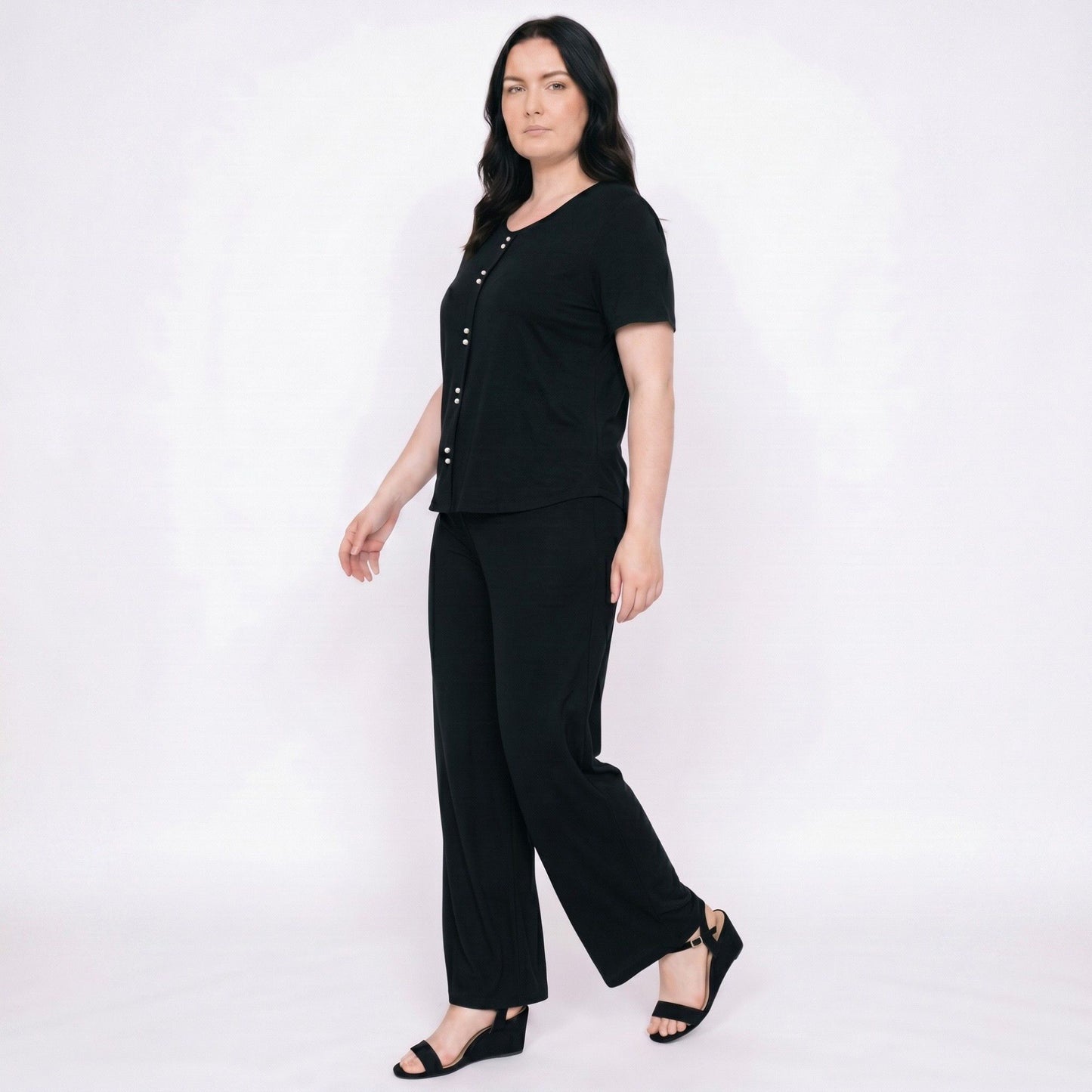 Plus Size 2-Piece Short Sleeve Button Front Pajama Top and Wide Leg Pants Sleepwear Lounge Set