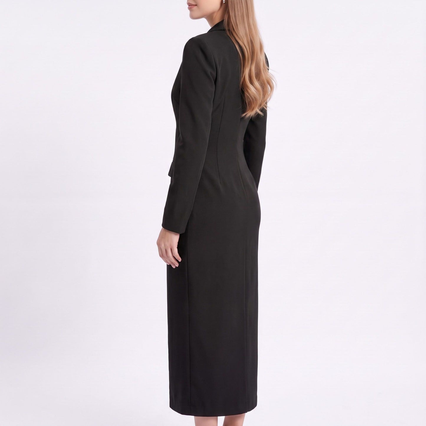 Long Sleeve Blazer Maxi Dress with Notched Lapels and Front Slit