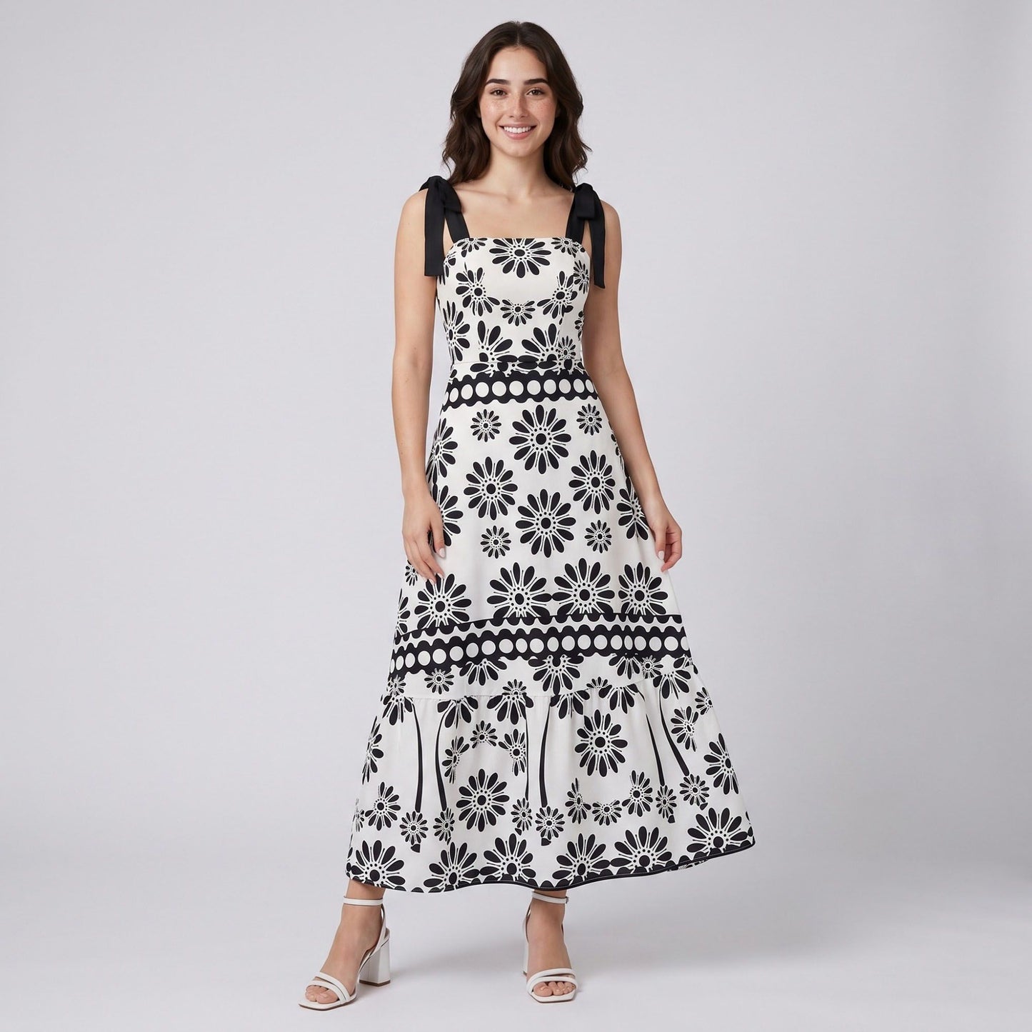 Tie Shoulder Square Neck Midi Dress Black and White Floral Smocked Tiered Sundress