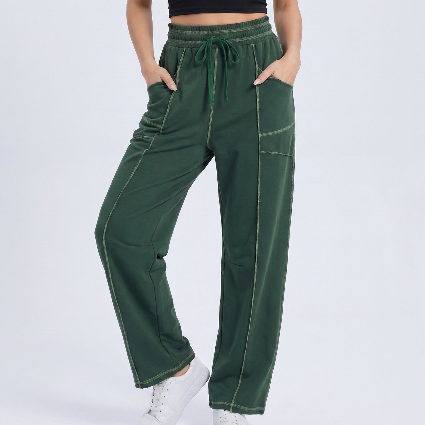 High Rise Drawstring Wide Leg Utility Pants with Patch Pockets