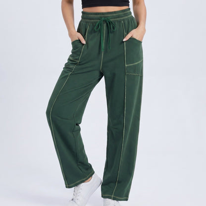 High Rise Drawstring Wide Leg Utility Pants with Patch Pockets