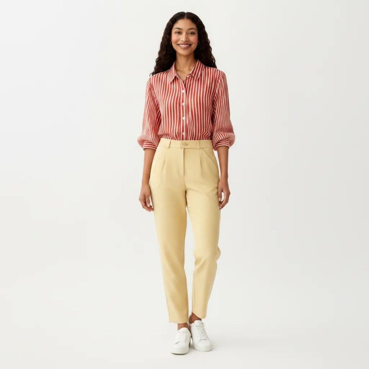Striped Button Down Blouse with Collared Neckline and Puff Sleeves