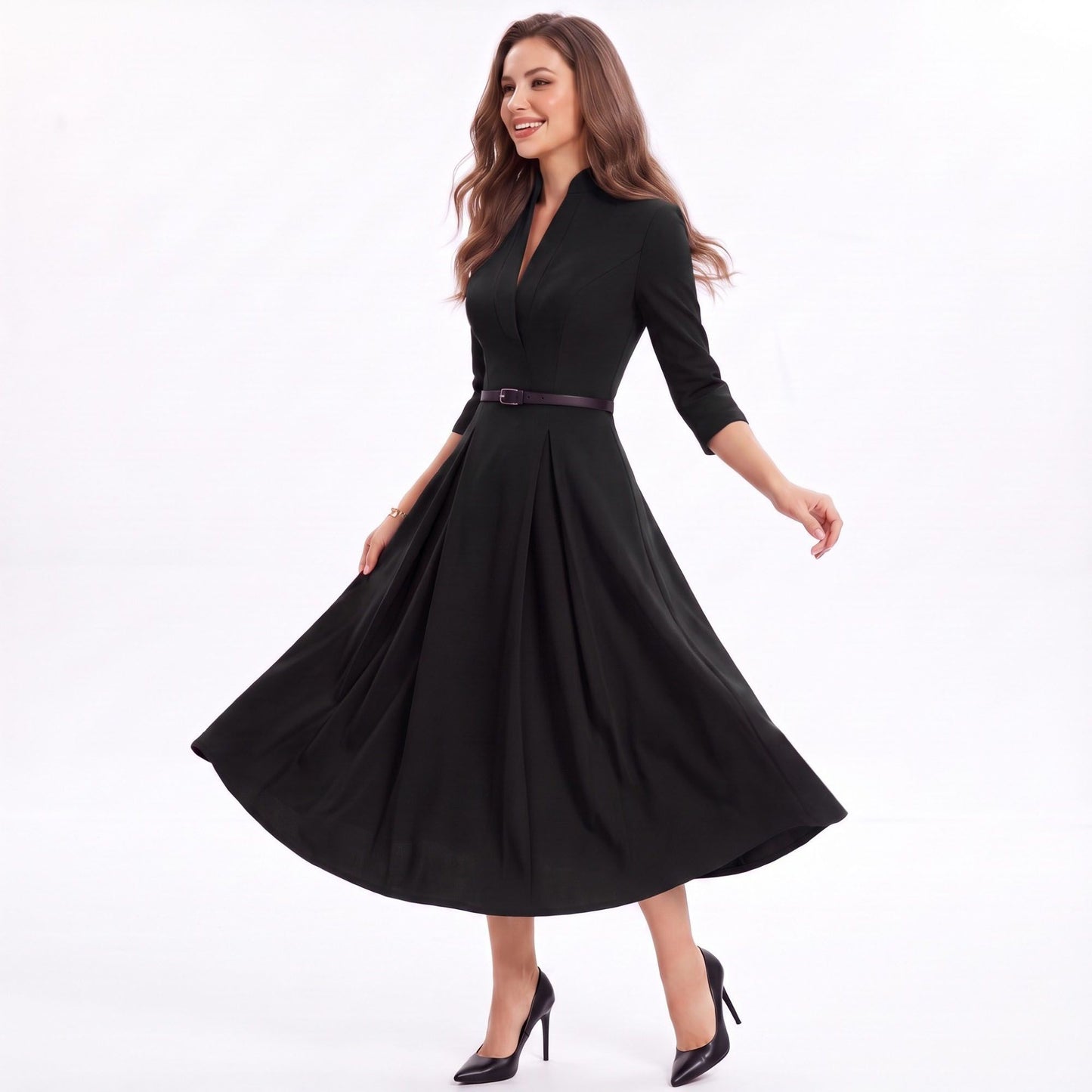 Three Quarter Sleeve Belted Midi Dress with Pleated A Line Skirt