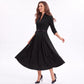 Three Quarter Sleeve Belted Midi Dress with Pleated A Line Skirt