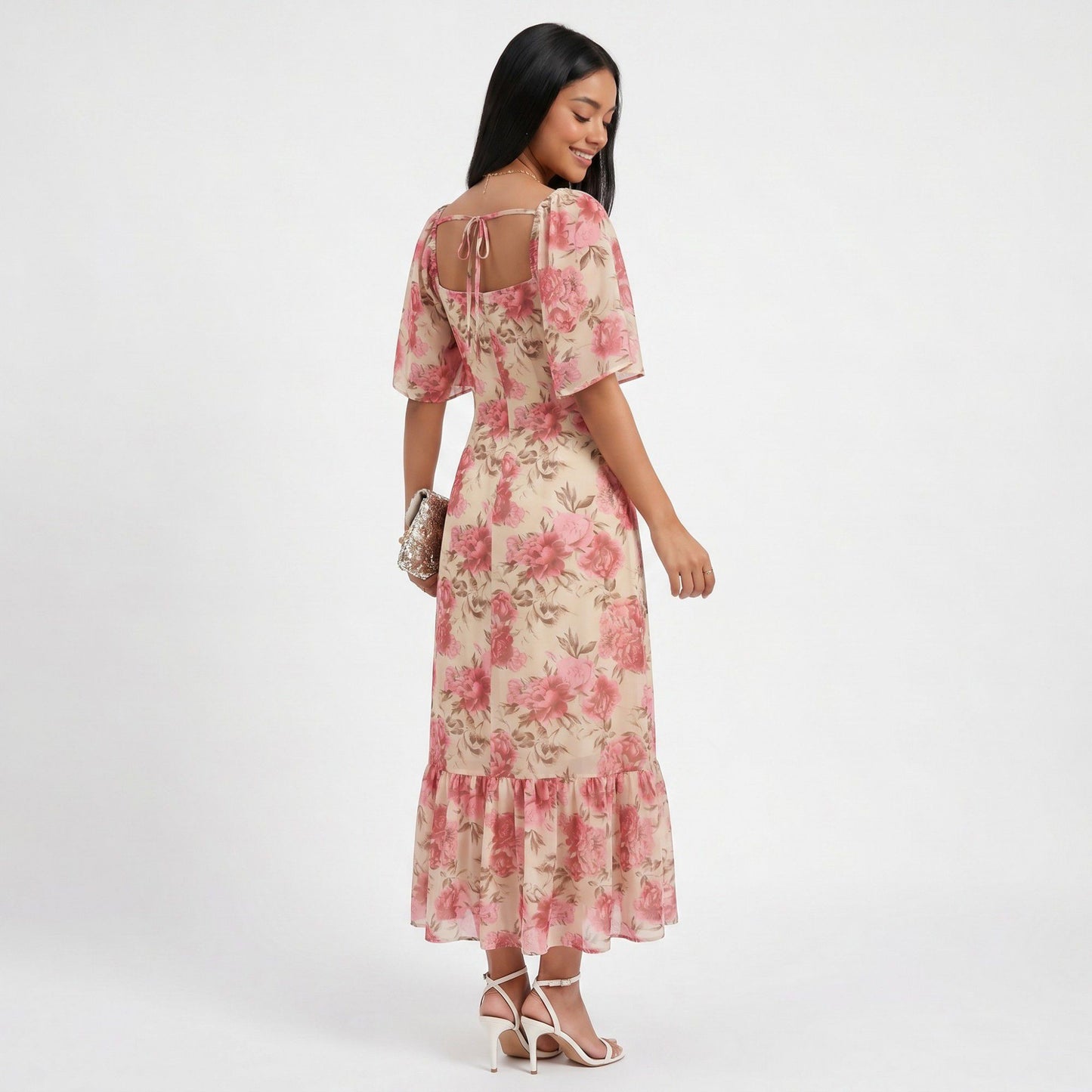 Floral Midi Dress Square Neck Flutter Sleeve Ruffle Hem Dress