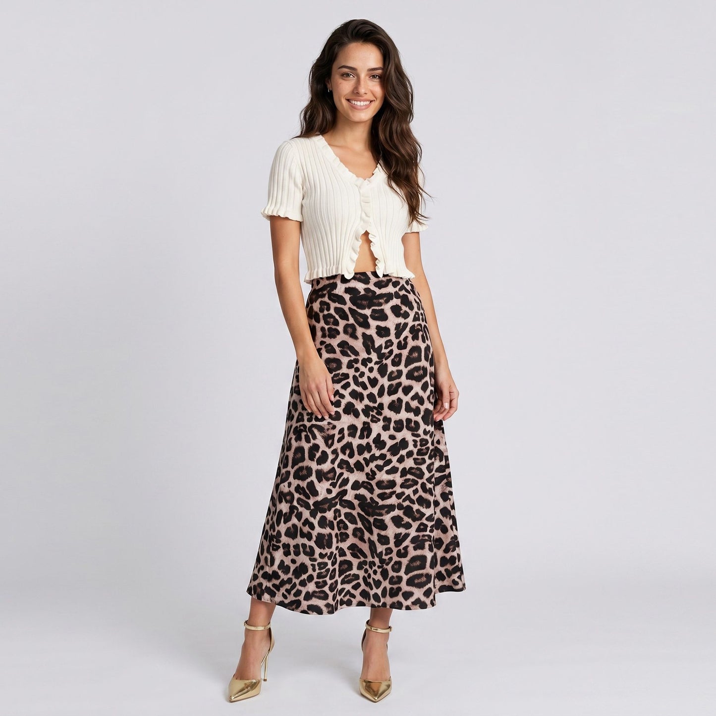 Leopard Print Midi Skirt with High Waist and Flowy A Line Fit