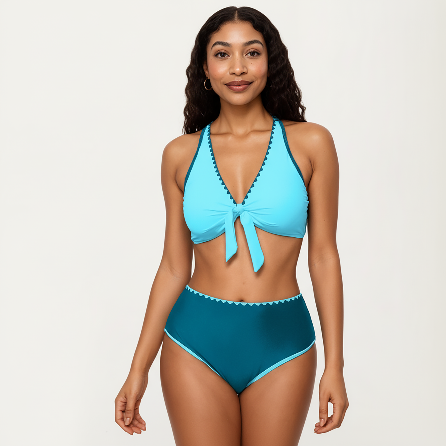 2-Piece Set Tie Front Bikini Top with Scalloped Trim and High Waisted Bottom